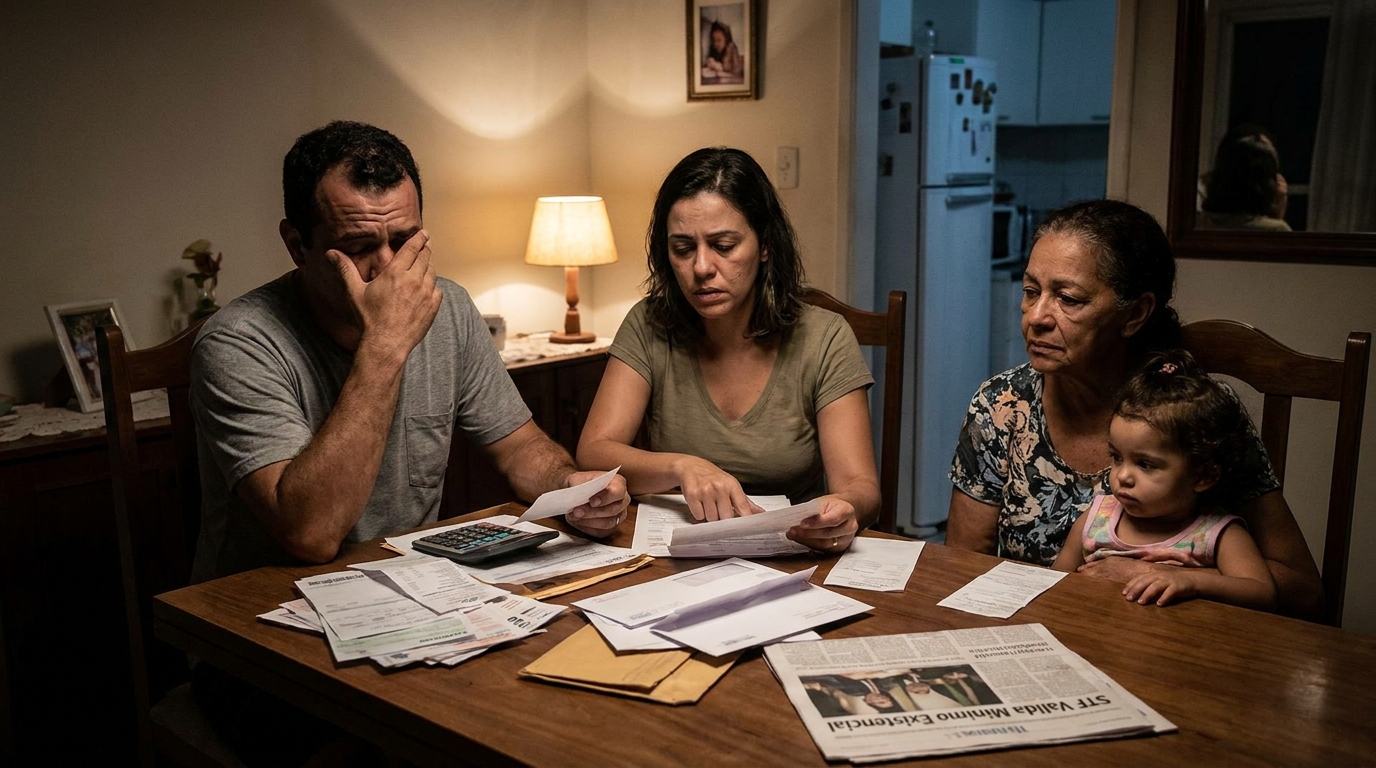 Família brasileira angustiada na mesa de jantar revisando contas e despesas da casa com expressões de profunda preocupação após bloqueio de bens mínimo existencial STF