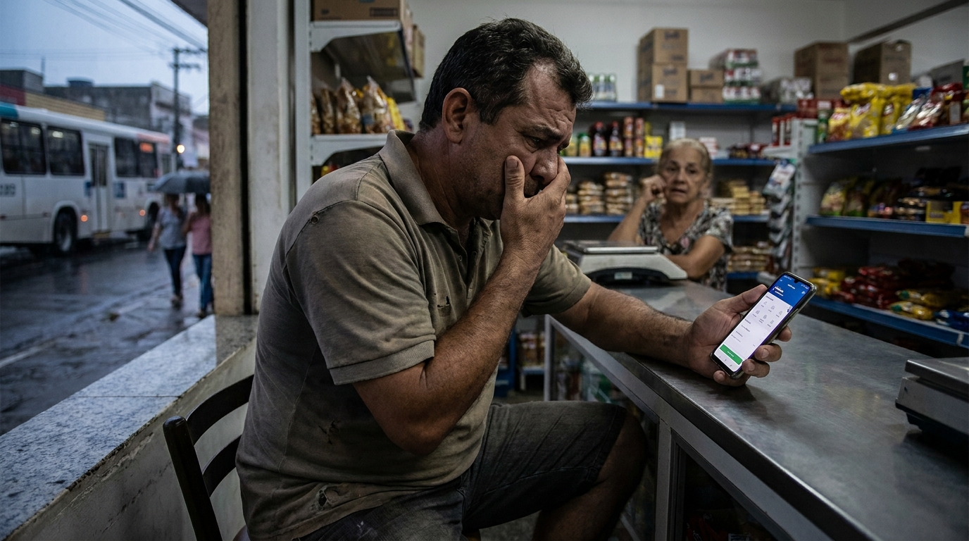 Pequeno comerciante brasileiro desesperado e abatido olhando para o celular ao descobrir sua conta zerada pelo bloqueio Sisbajud execução fiscal