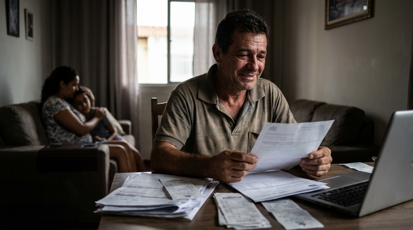 Trabalhador autônomo brasileiro com expressão de alívio e esperança organizando documentos financeiros em sua sala de estar proteção patrimonial