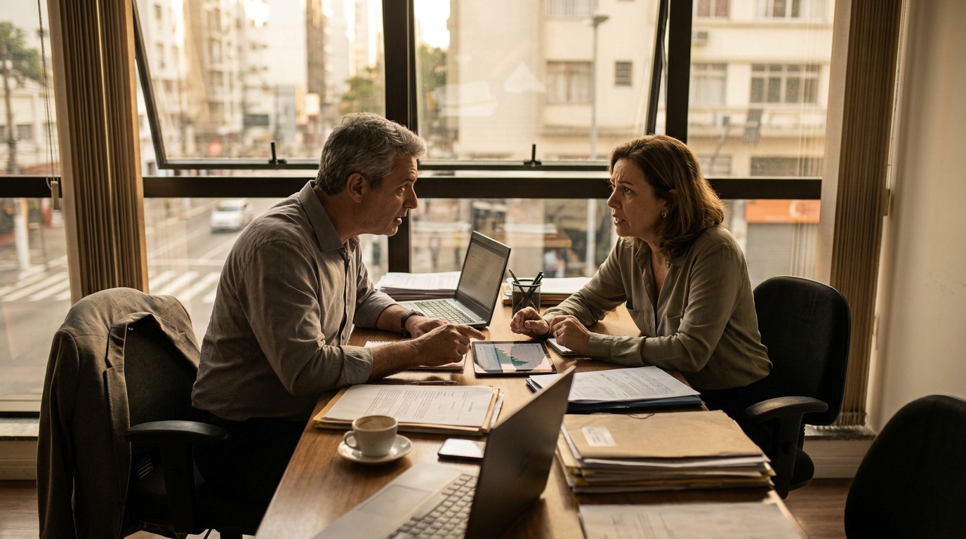 Casal de empreendedores brasileiros em reunião tensa na empresa discutindo estratégias de proteção patrimonial e defesa tributária