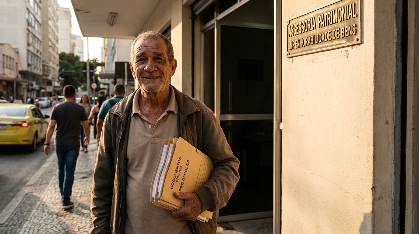 Cidadão brasileiro idoso segurando pastas de documentos fiscais com olhar de esperança e alívio na porta de um escritório impenhorabilidade de bens