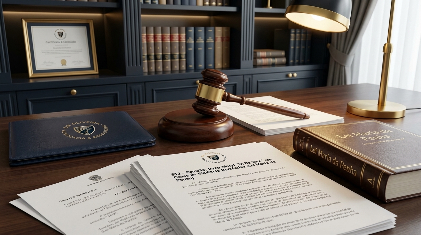 Martelo da justiça sobre documentos legais representando a decisão do STJ sobre dano moral na Lei Maria da Penha e violência doméstica