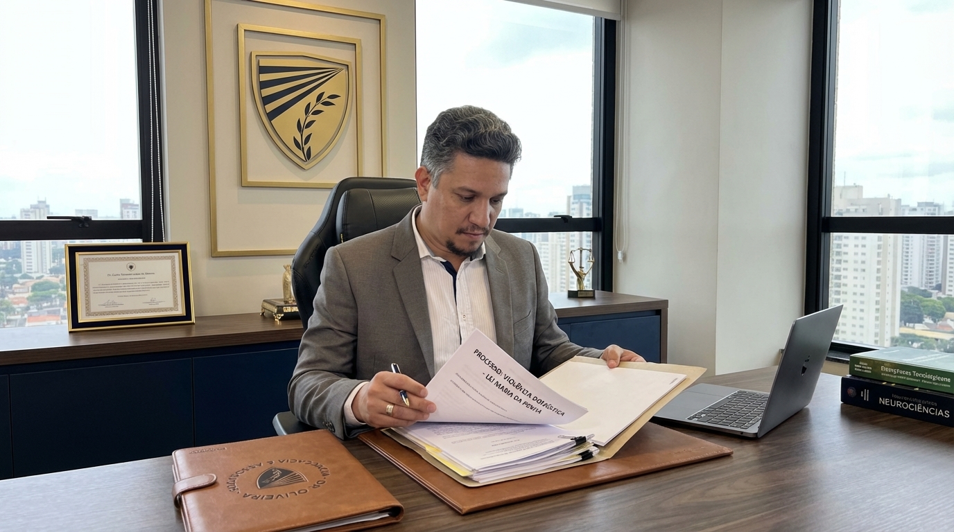 Advogado criminalista analisando processo de violência doméstica em escritório de advocacia com foco em defesa técnica e lei maria da penha