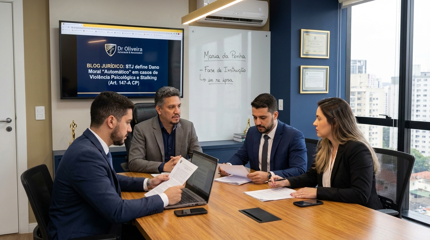 Equipe de advogados criminalistas em reunião estratégica discutindo defesa em caso de lei maria da penha e danos morais