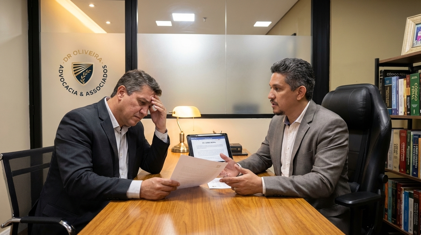 Homem de terno preocupado conversando com advogado criminalista sobre as consequências financeiras de um processo criminal