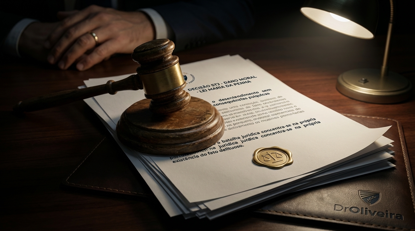 Martelo da justiça sobre documentos legais representando a decisão do STJ sobre dano moral na Lei Maria da Penha e violência doméstica
