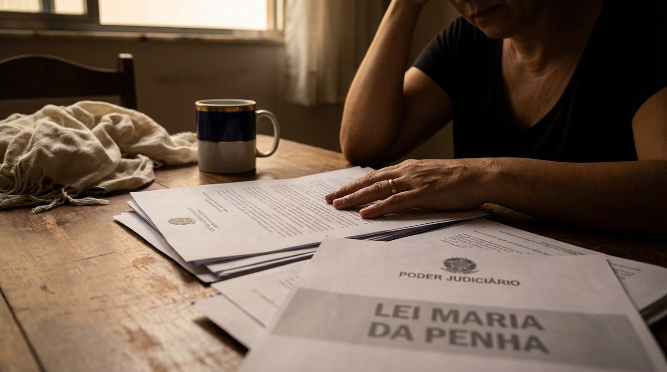 Advogado criminalista analisando processo de violência doméstica em escritório de advocacia com foco em defesa técnica e lei maria da penha