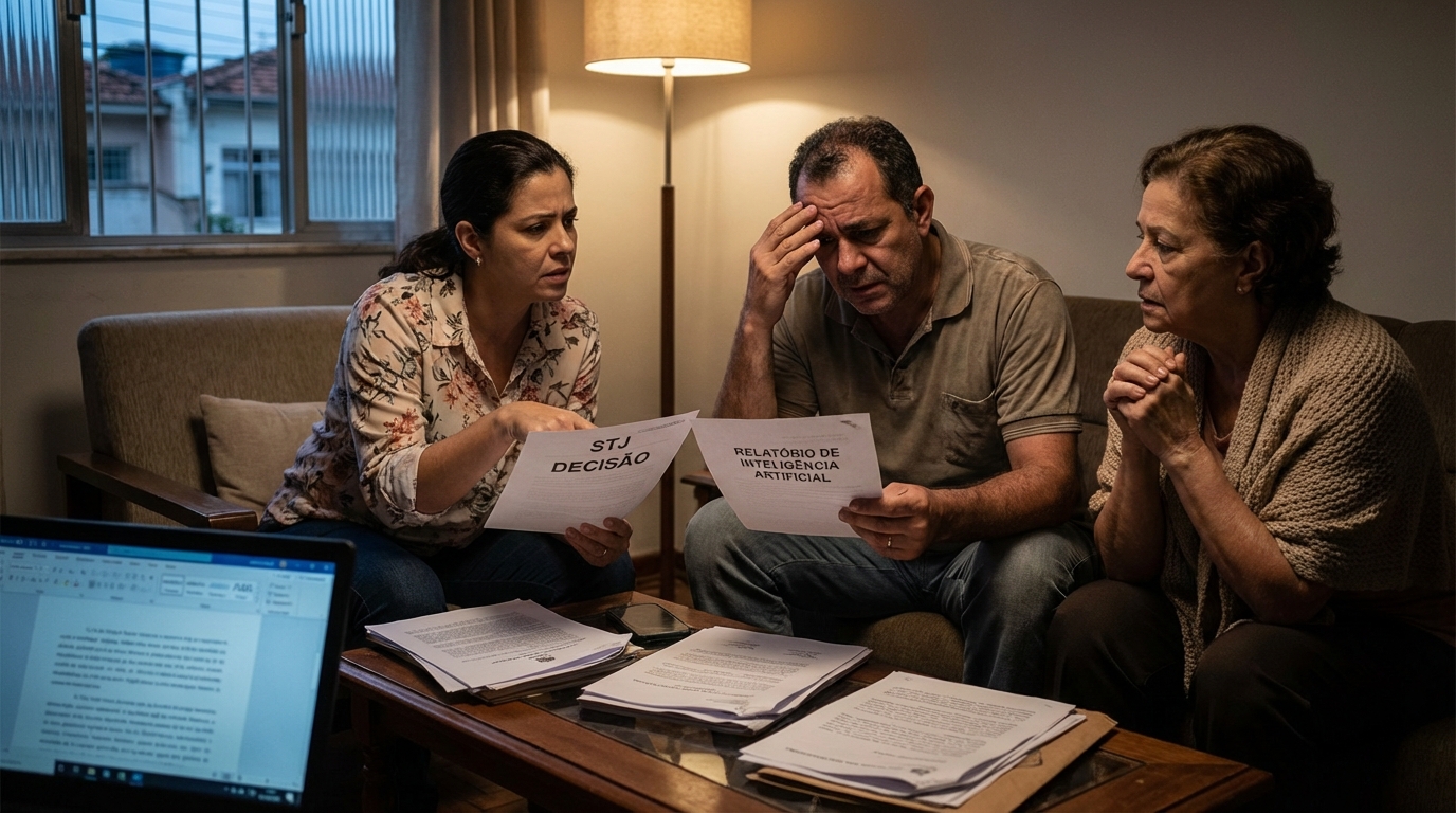Família brasileira preocupada e apreensiva sentada na sala de estar analisando documentos judiciais complexos sobre provas por inteligência artificial