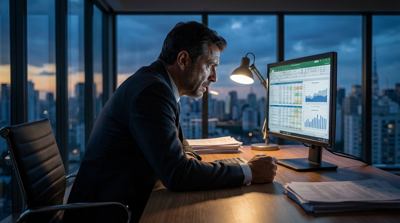Empresário brasileiro tenso em seu escritório moderno analisando relatórios financeiros no computador sob risco de nulidade de provas criminais