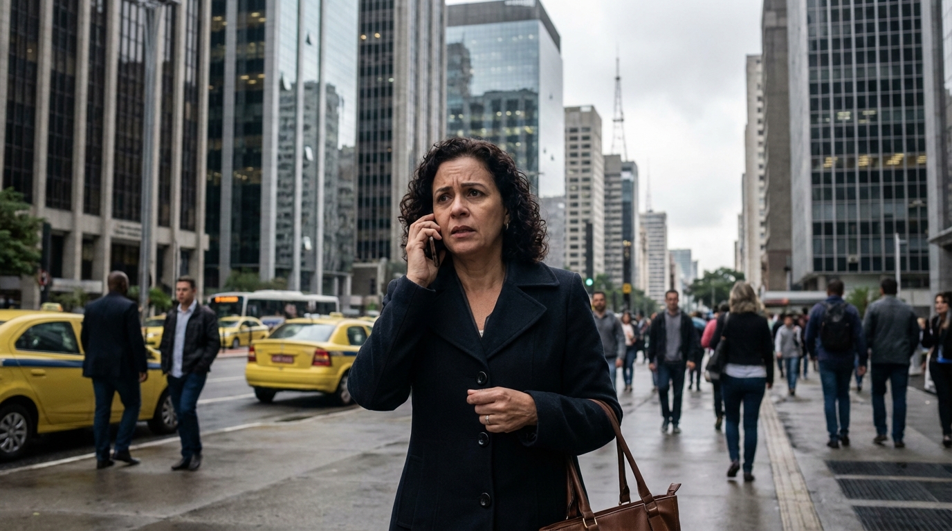 Mulher brasileira executiva de meia idade caminhando apreensiva pelas ruas de São Paulo falando ao celular com seu advogado criminalista SP
