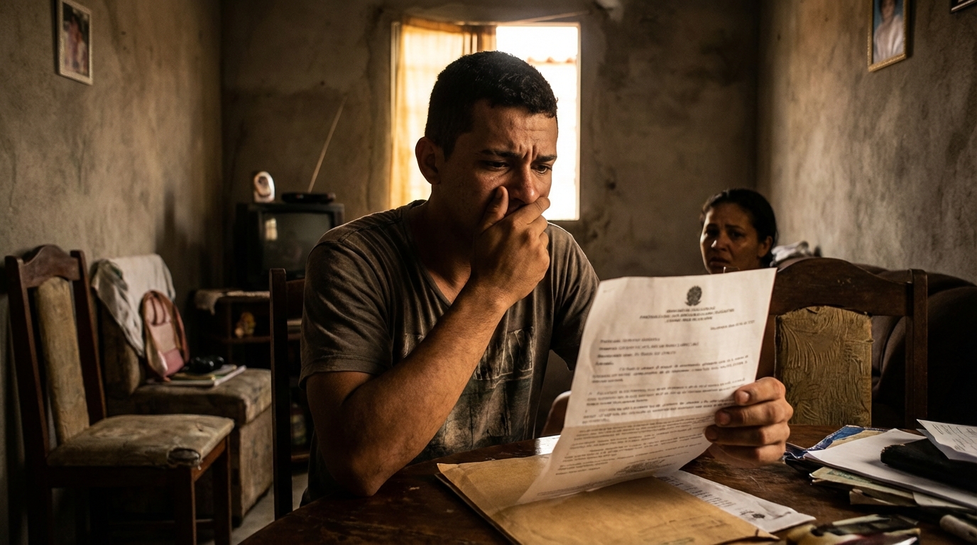 Jovem cidadão brasileiro trabalhador em sua casa humilde lendo uma notificação oficial com expressão de choque e buscando entender seus direitos