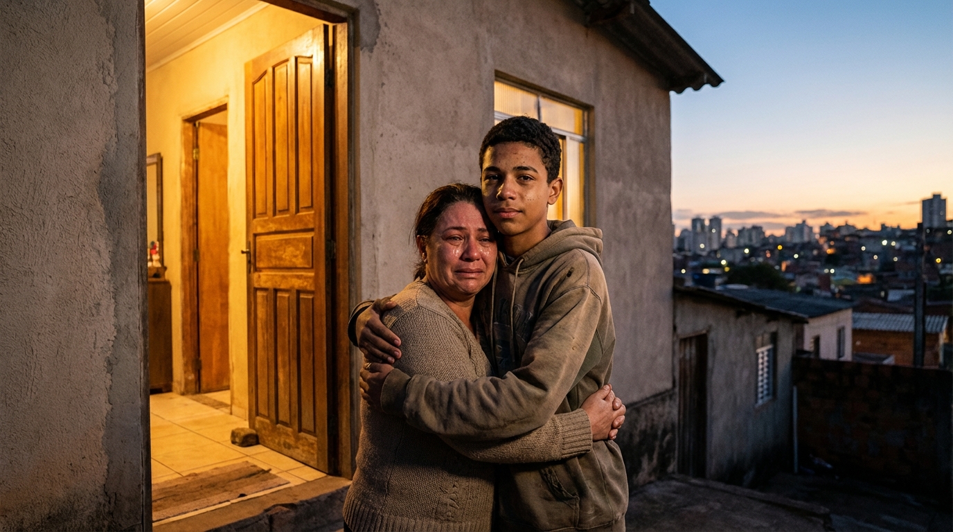 Mãe brasileira abraçando seu filho adolescente com alívio na porta de casa após resolução de problemas legais e processos penais