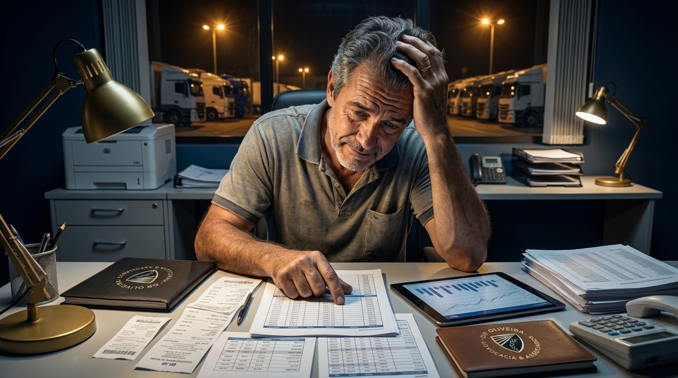 Empresário brasileiro do setor de transportes, com expressão de preocupação e alívio, analisando planilhas financeiras em um escritório de logística