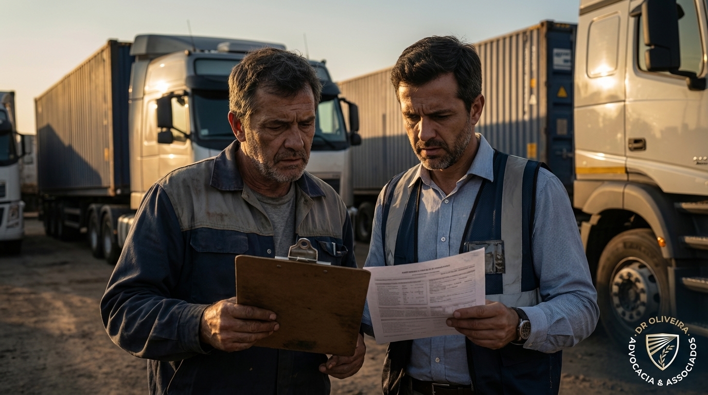 Motorista de caminhão brasileiro conversando com um gestor de logística em um pátio de transportadora, ambos analisando um documento impresso com expressões sérias