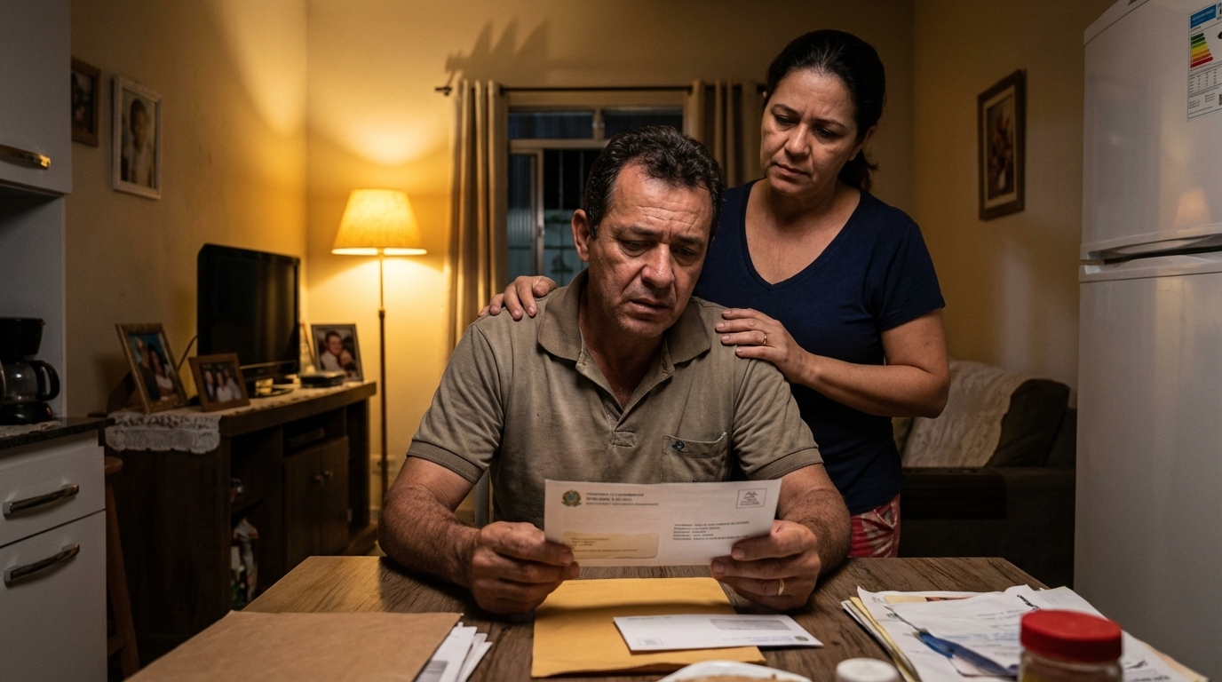 Família brasileira em casa, com um homem de meia idade visivelmente tenso segurando uma correspondência oficial, enquanto sua esposa oferece apoio com a mão em seu ombro