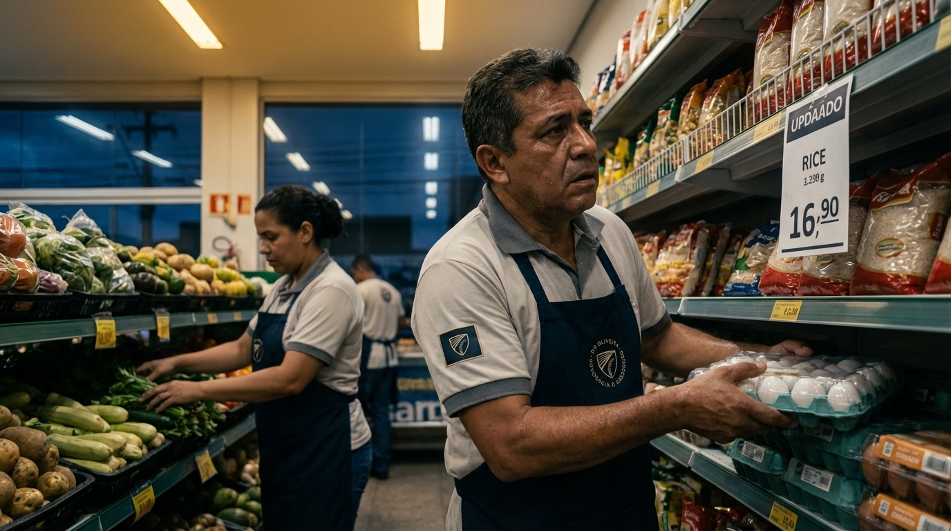 Trabalhadores brasileiros de um supermercado organizando produtos nas prateleiras, ilustrando o impacto do custo do frete no preço final dos alimentos