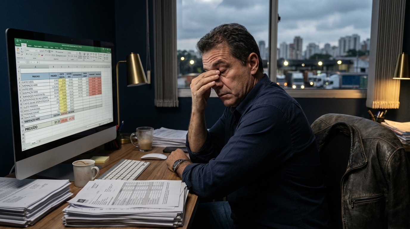 Empresário brasileiro do setor de logística preocupado analisando planilhas de custos e subvenção ao diesel na tela do computador