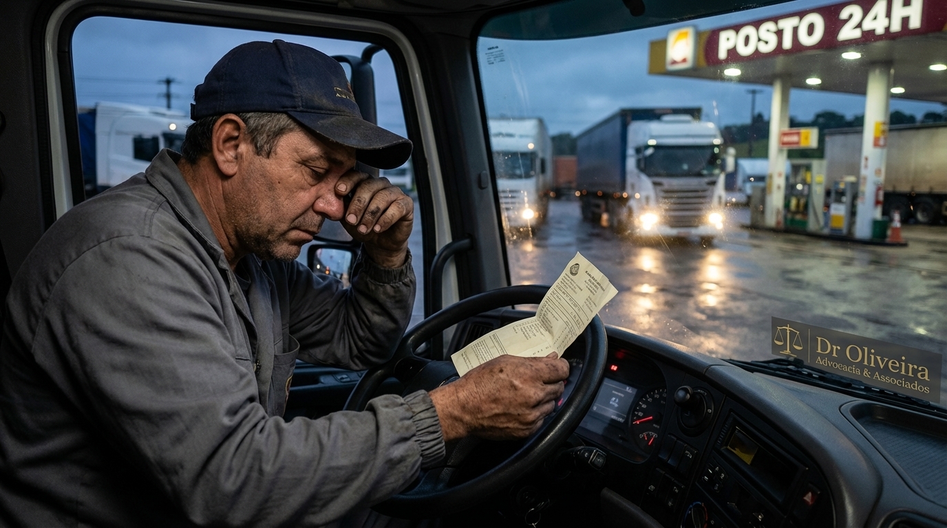 Caminhoneiro brasileiro exausto conferindo nota fiscal em posto de gasolina durante viagem de transporte de cargas