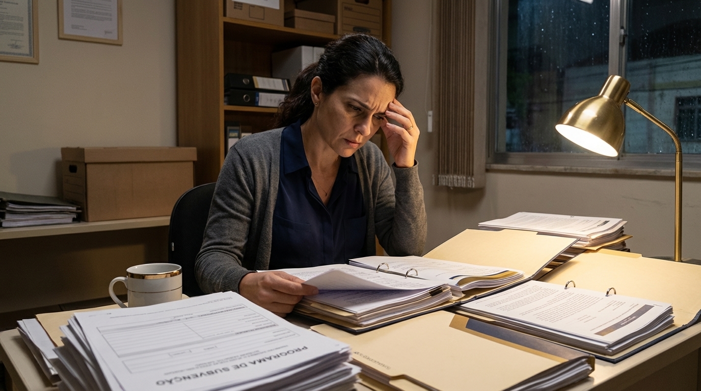 Contadora brasileira focada organizando pastas de documentos fiscais e notas em escritório modesto