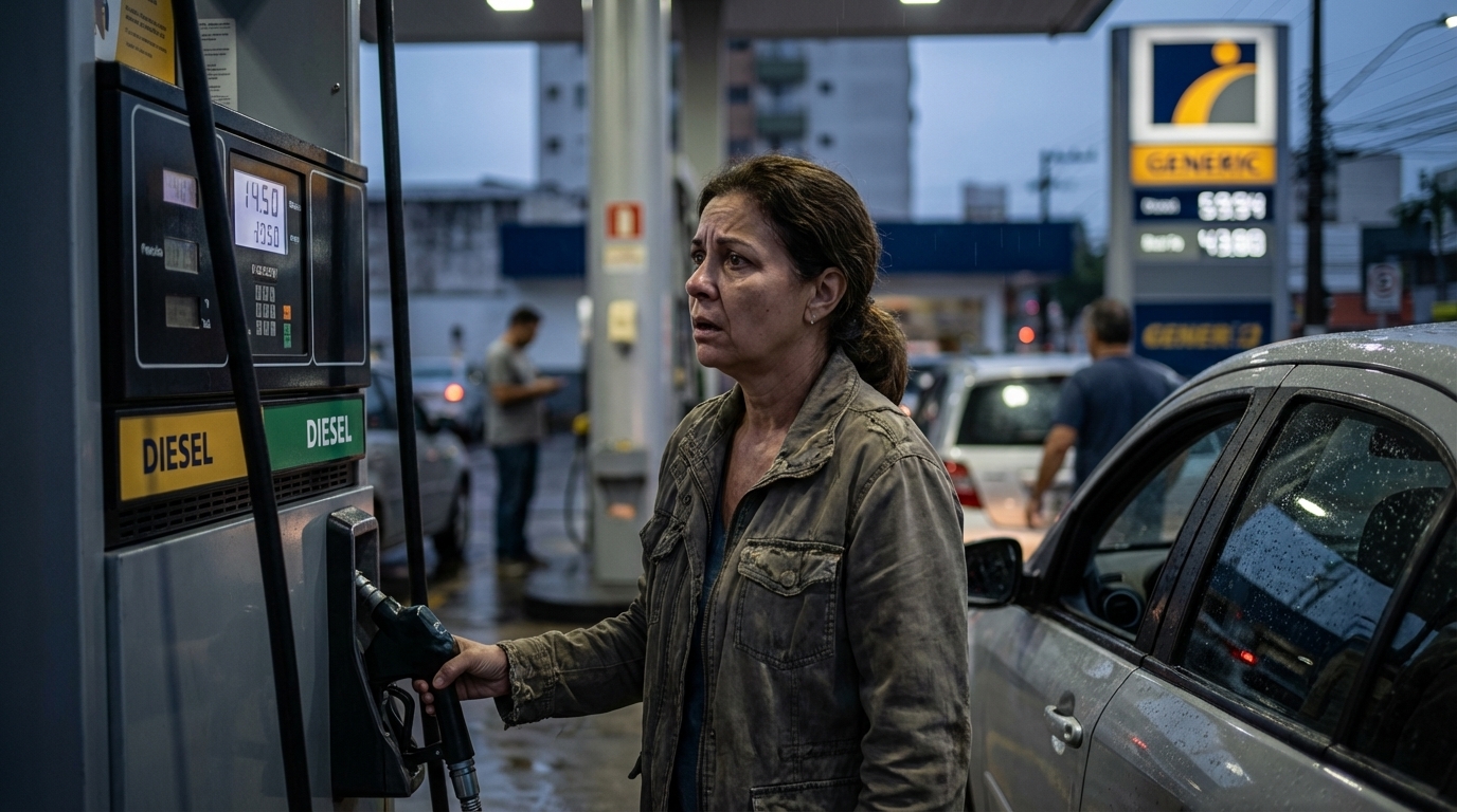 Consumidora brasileira assustada olhando para o valor da bomba de combustível ao abastecer o carro antes do trabalho