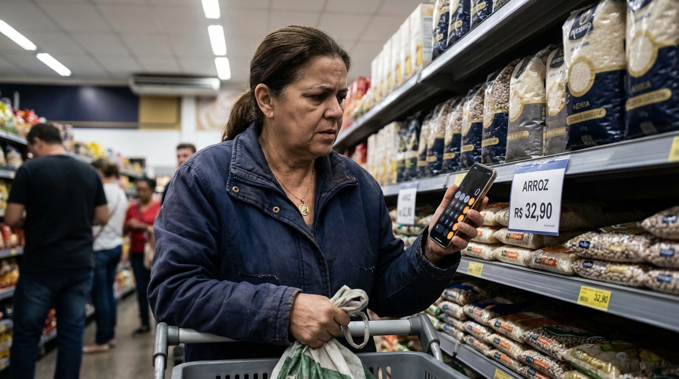 Mãe de família brasileira no supermercado fazendo contas no celular enquanto observa os preços elevados dos alimentos na prateleira