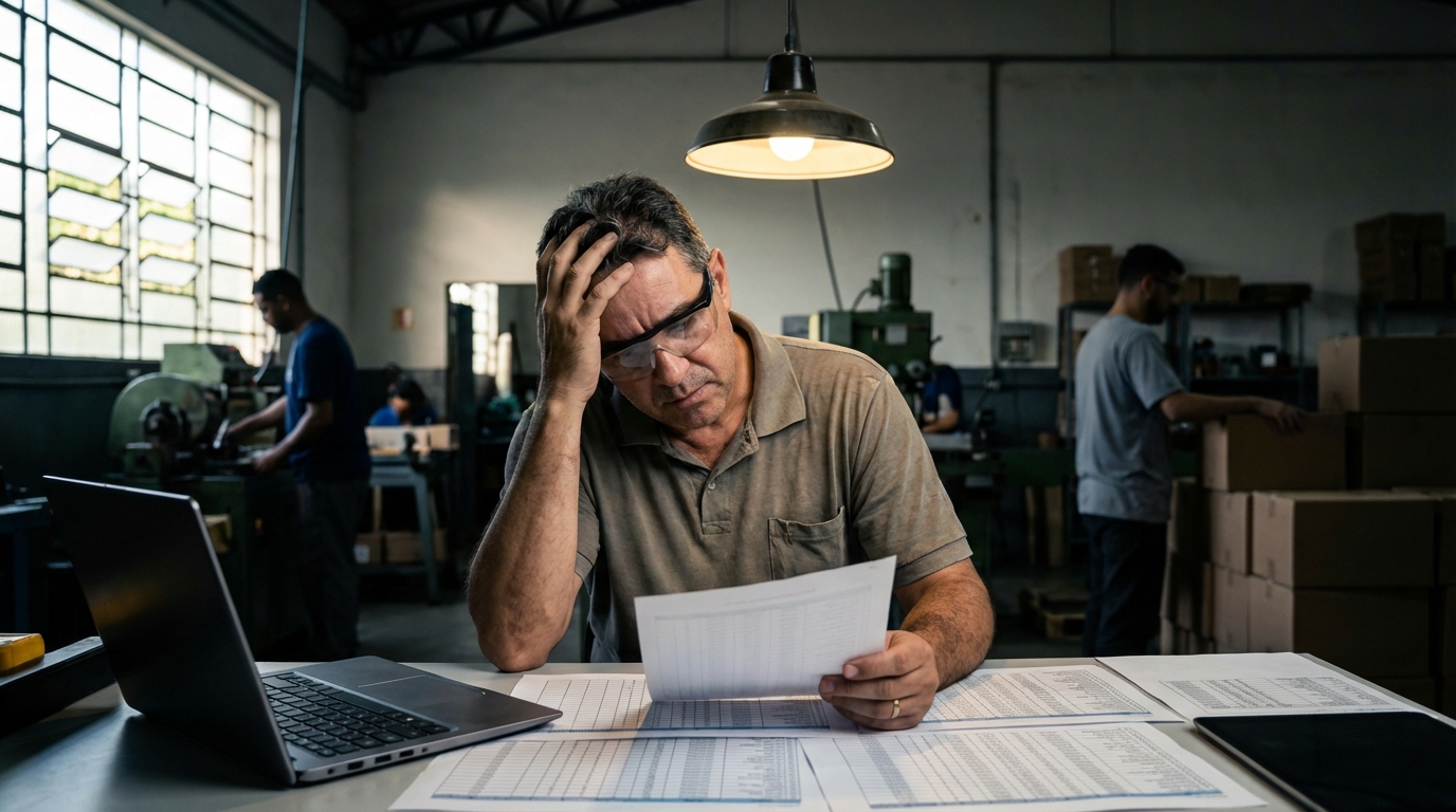 Empresário brasileiro preocupado analisando planilhas de custos de exportação EUA em sua fábrica de manufaturados - impacto fiscal exportadores