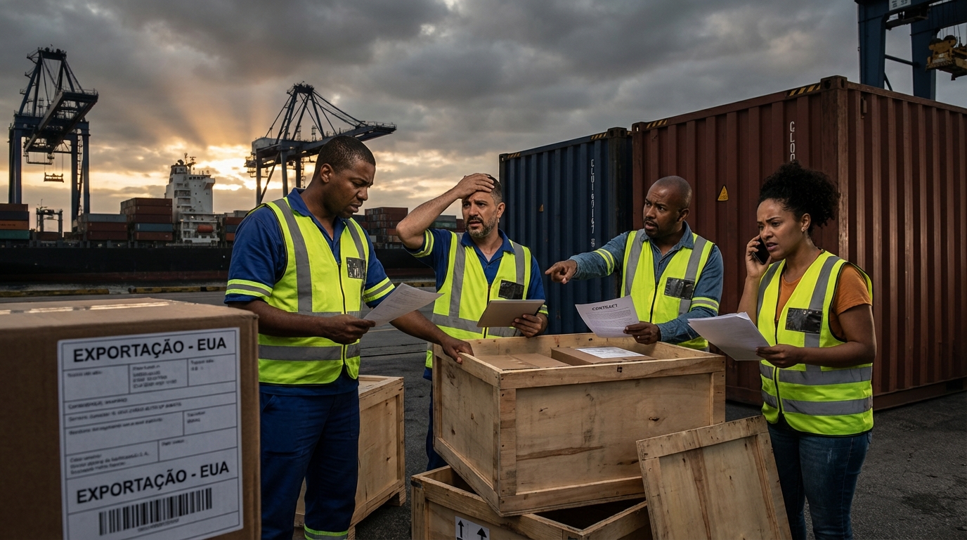 Equipe de logística de empresa brasileira revisando caixas e contratos de envio de exportação no porto de Santos com expressão de urgência