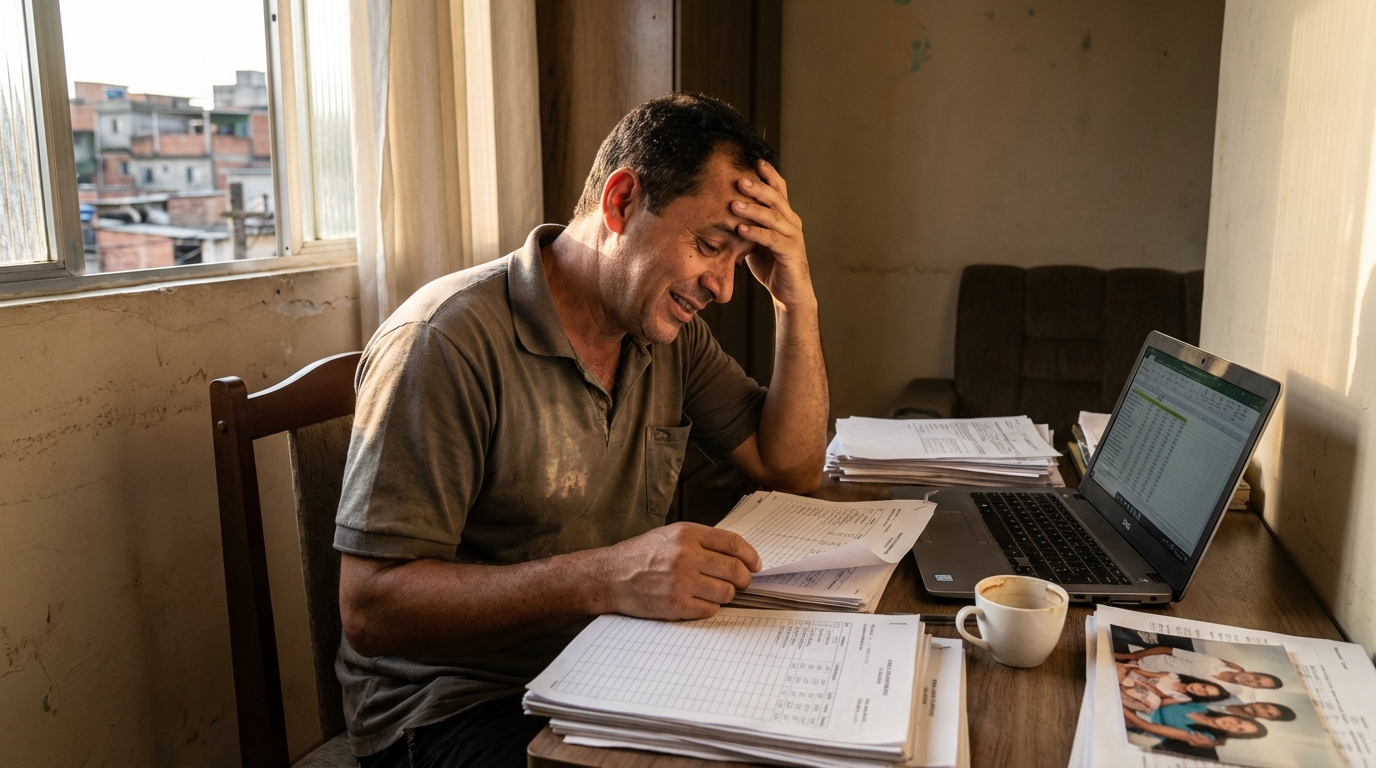 Contador brasileiro aliviado revisando documentos fiscais e contratos de exportação após encontrar oportunidades de proteção contra o impacto fiscal