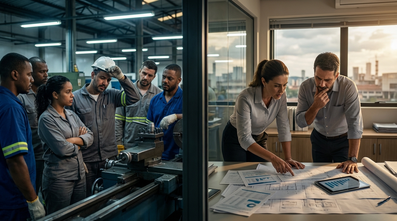 Trabalhadores brasileiros no chão de fábrica e gestores debatendo soluções de planejamento tributário internacional para manter os empregos