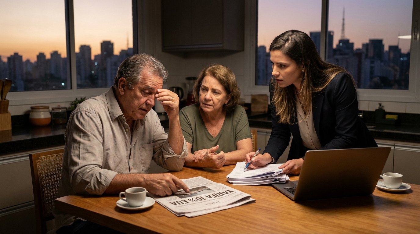 Família de empresário brasileiro em casa conversando sobre o futuro dos negócios e a importância de uma advocacia tributária preventiva