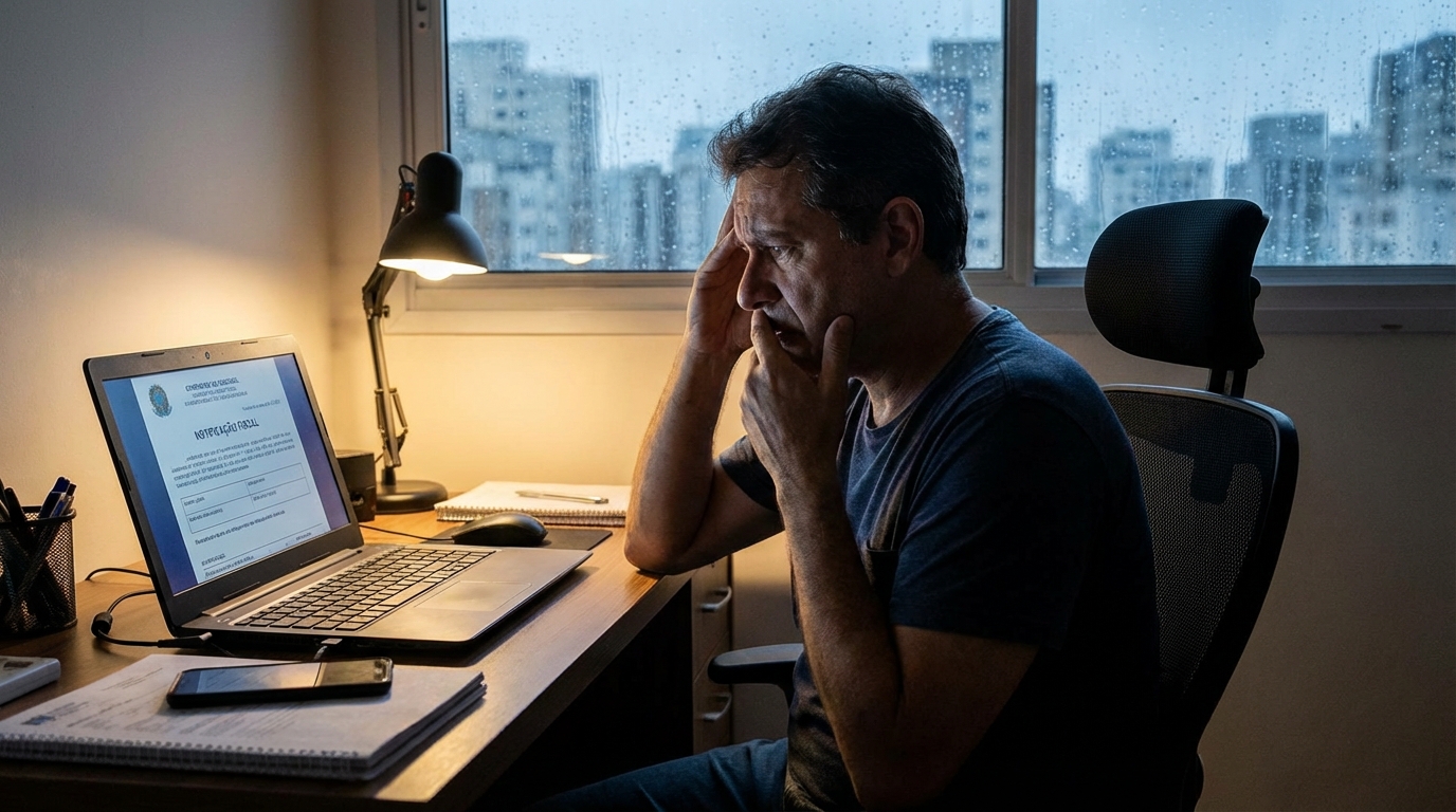 Empresário brasileiro em escritório analisando notificação fiscal no computador com expressão de profunda preocupação frente à onerosidade excessiva