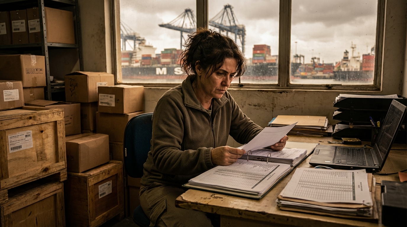 Gestora brasileira de logística em armazém portuário organizando planilhas e caixas, focada na revisão de contratos empresariais