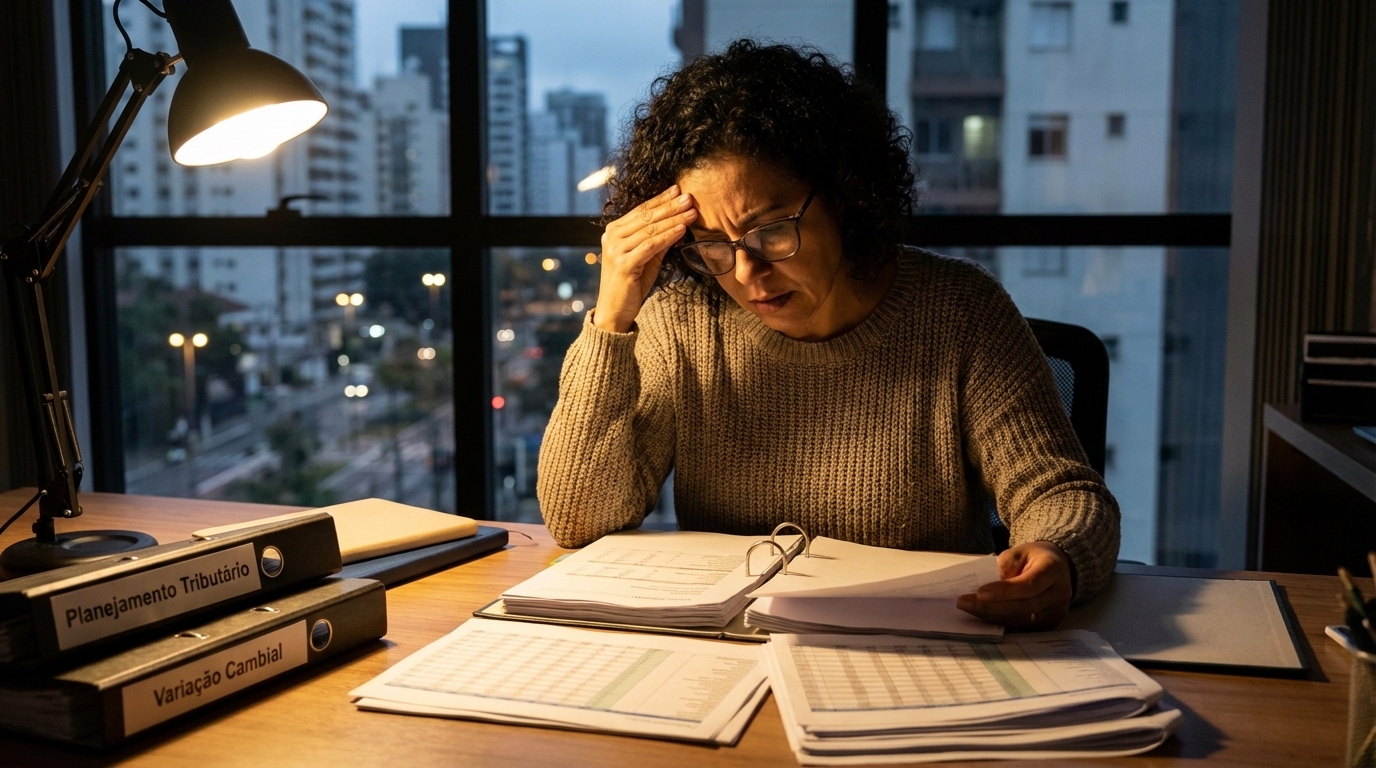 Contadora brasileira revisando pastas de planejamento tributário e variação cambial impostos na mesa do escritório