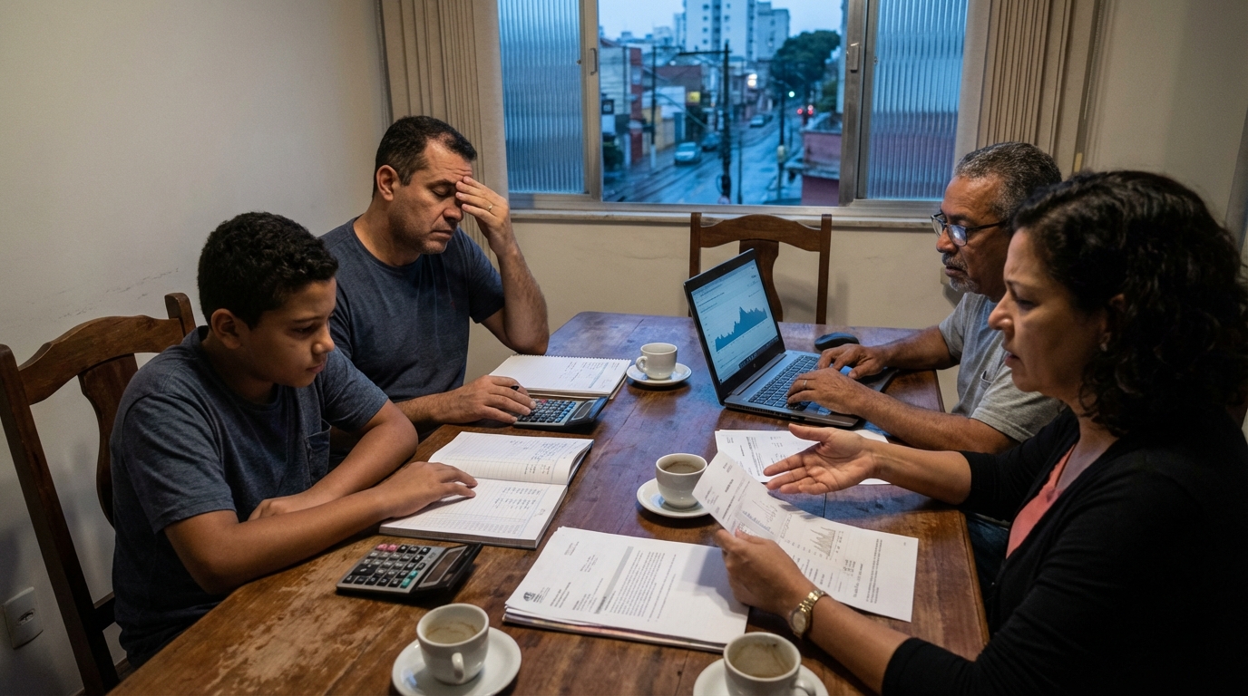 Família empresária brasileira reunida na mesa de jantar discutindo preocupada o orçamento familiar e empresarial afetado pela crise