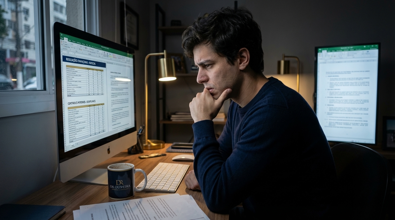 Jovem empreendedor brasileiro em um escritório modesto, olhando para a tela do computador com expressão de dúvida e preocupação ao analisar novos regulamentos financeiros - Fintechs no Brasil