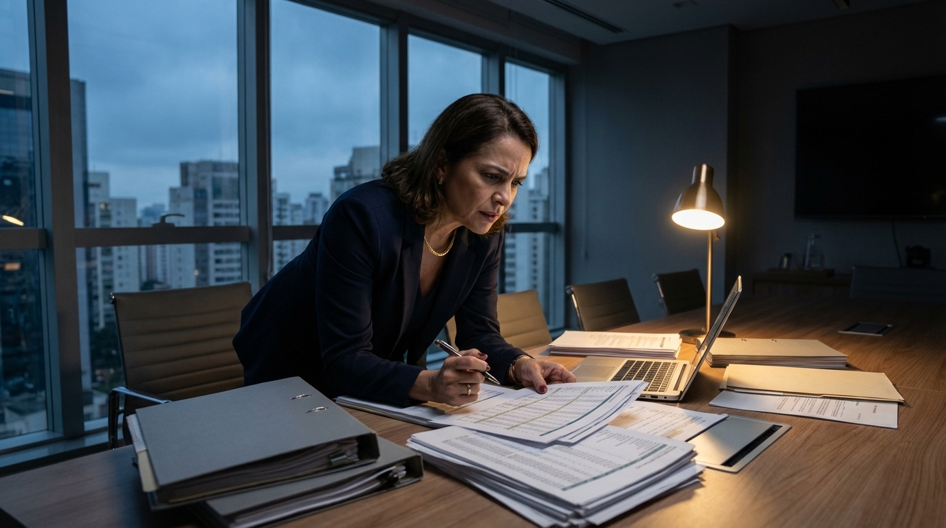 Executiva brasileira madura, em sala de reuniões, analisando planilhas complexas com semblante tenso e focado - Compliance Regulatório