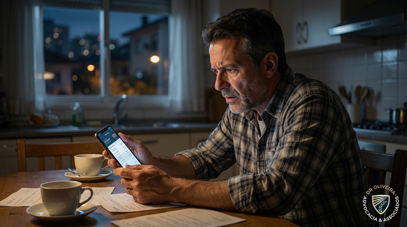 Pai de família brasileiro na mesa da cozinha, conferindo o extrato bancário no celular com expressão de choque após uma fraude - Crimes Financeiros