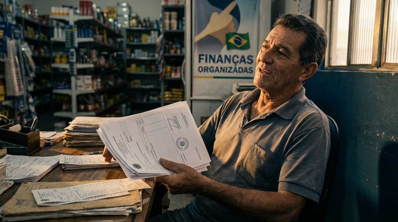 Comerciante brasileiro em sua pequena loja, segurando documentos fiscais e demonstrando alívio após organizar suas finanças - Regulação Banco Central