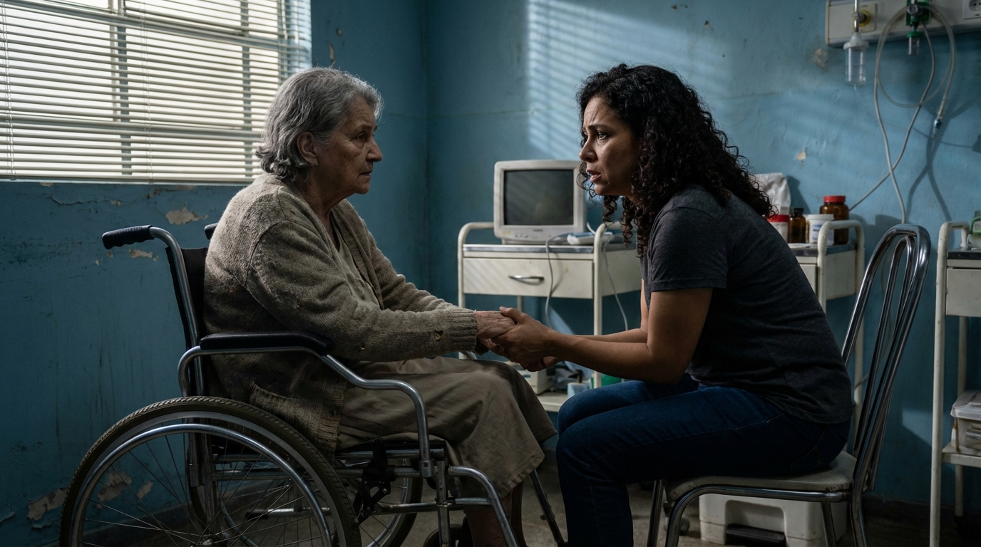 Mulher brasileira idosa, sentada em uma cadeira de rodas, segurando a mão de sua filha em um quarto de hospital, aguardando tratamento de alto custo
