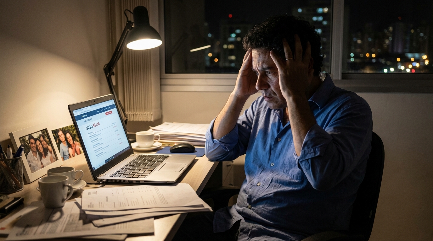 Empresário brasileiro preocupado analisando tela de notebook com extrato bancário zerado em seu escritório