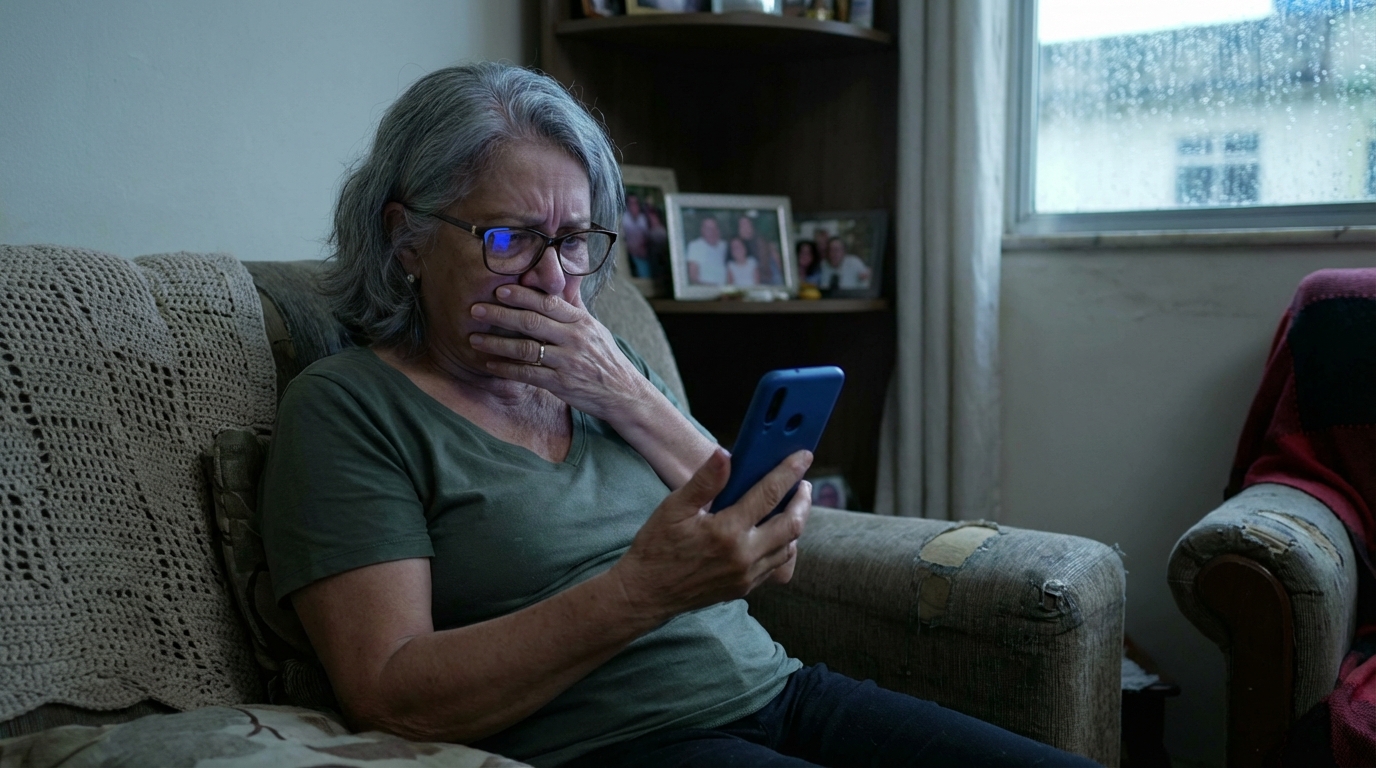 Mulher brasileira idosa olhando a tela do celular com expressão de choque e confusão no sofá de casa