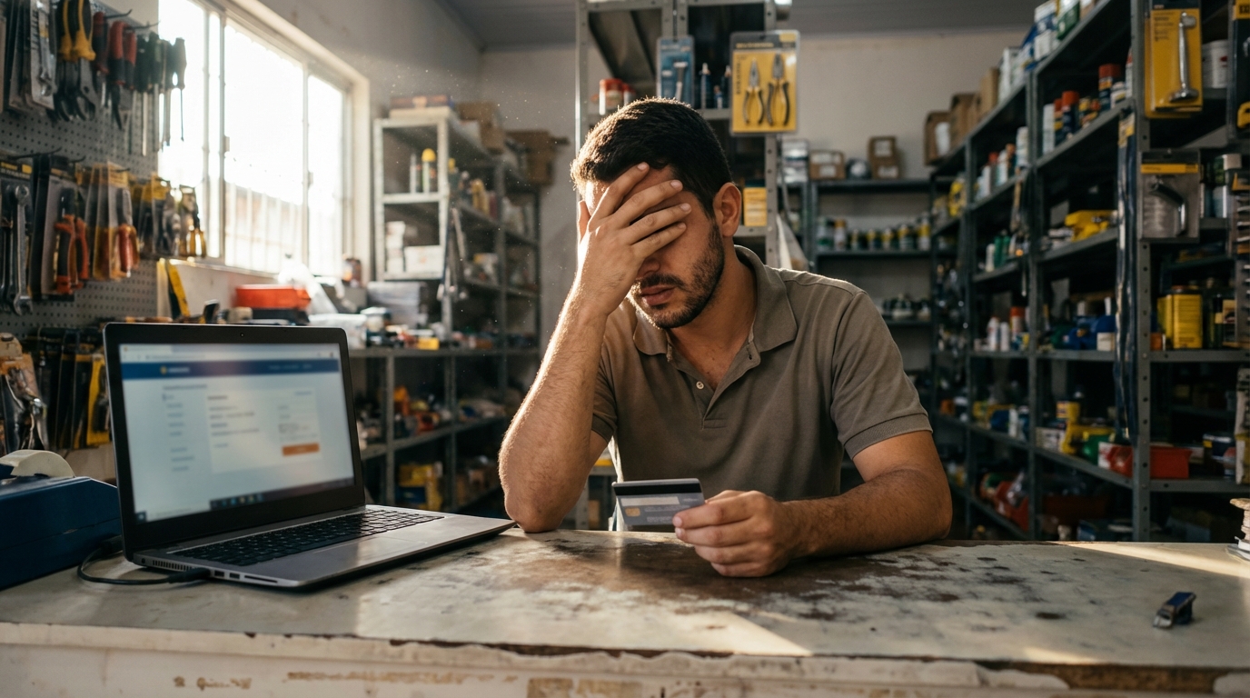 Jovem empreendedor brasileiro em sua pequena loja segurando um cartão de crédito com expressão de frustração