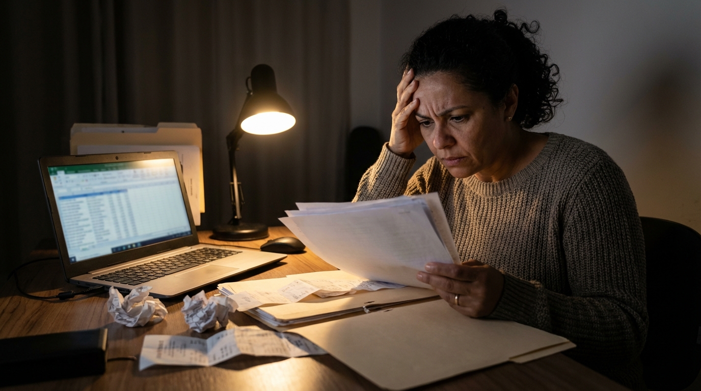 Gestora financeira brasileira com expressão tensa organizando pastas de documentos fiscais sobre a mesa do escritório