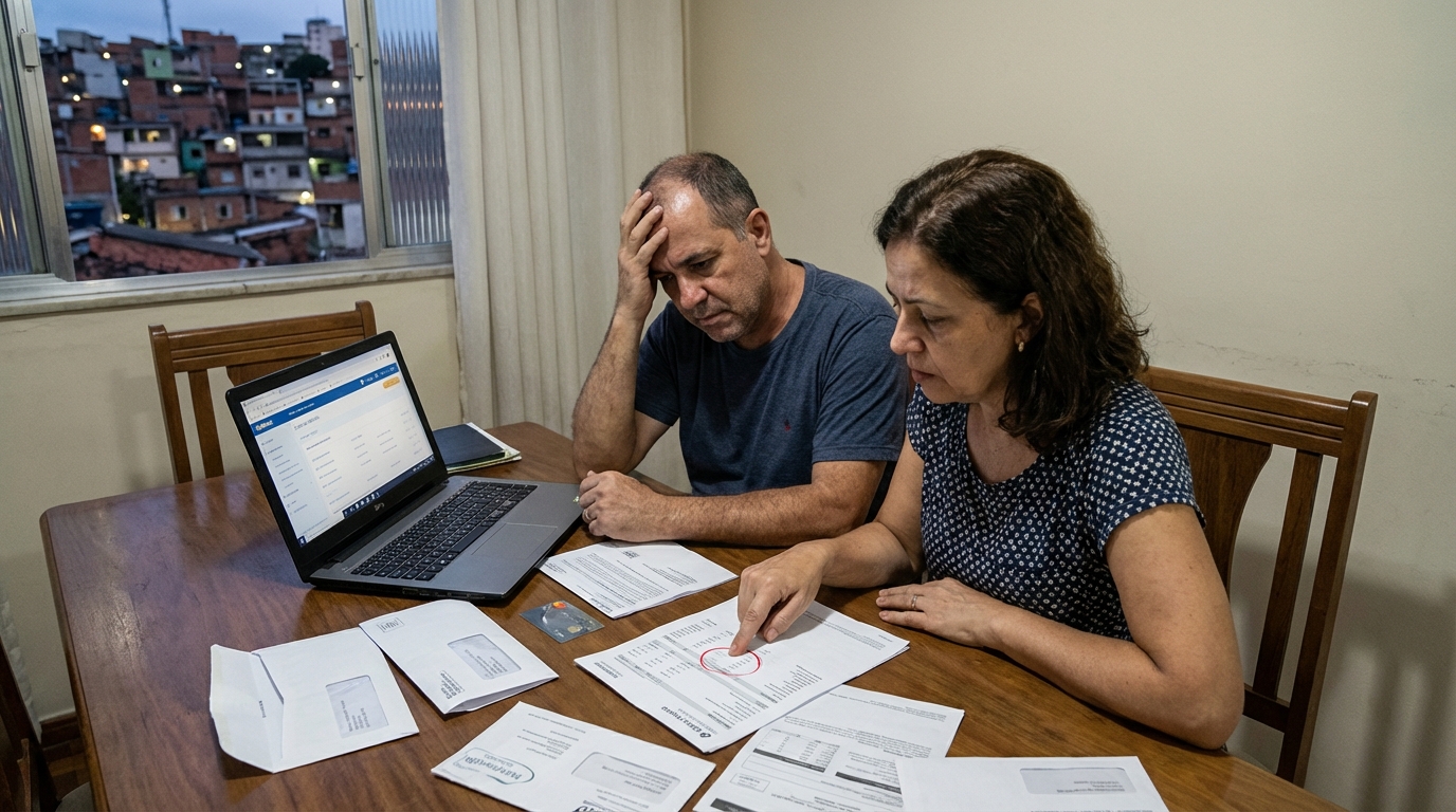 Casal brasileiro angustiado na mesa da sala conferindo faturas do cartão de crédito espalhadas com preocupação